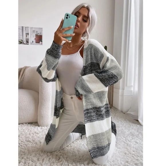 Colorblock Stripes Open Knit Cardigan Knee Length - Picture 6 of 9